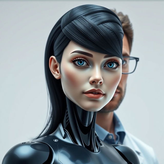 A straight-on photo of a female android with a human-like face, showcasing her realistic features, glossy black hair, and striking blue eyes