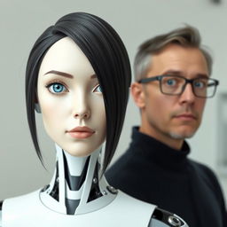 A straight-on photo of a female android with a human-like face, showcasing her realistic features, glossy black hair, and striking blue eyes