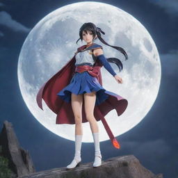 Generate a vibrant and dynamic anime artwork showcasing a heroic character in an epic pose under a luminous moon.