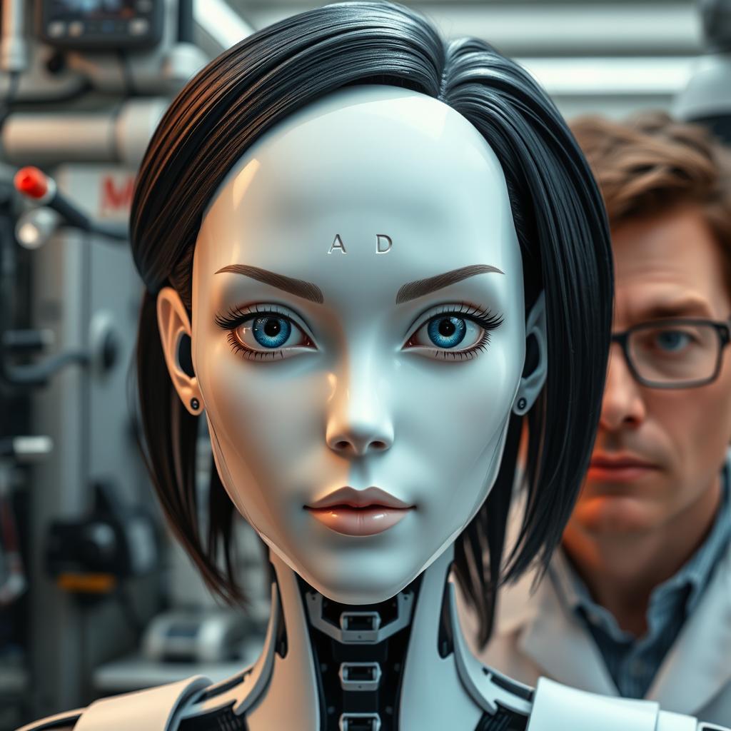 A straight-on photo of a female android with a human-like face, showcasing realistic human features like glossy black hair and piercing blue eyes