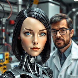 A straight-on photo of a female android with a human-like face, showcasing realistic human features like glossy black hair and piercing blue eyes