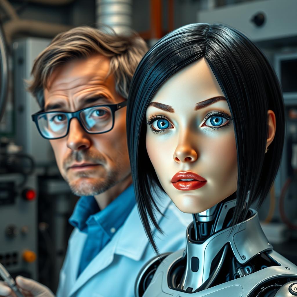 A straight-on photo of a female android with a human-like face, showcasing realistic human features like glossy black hair and piercing blue eyes