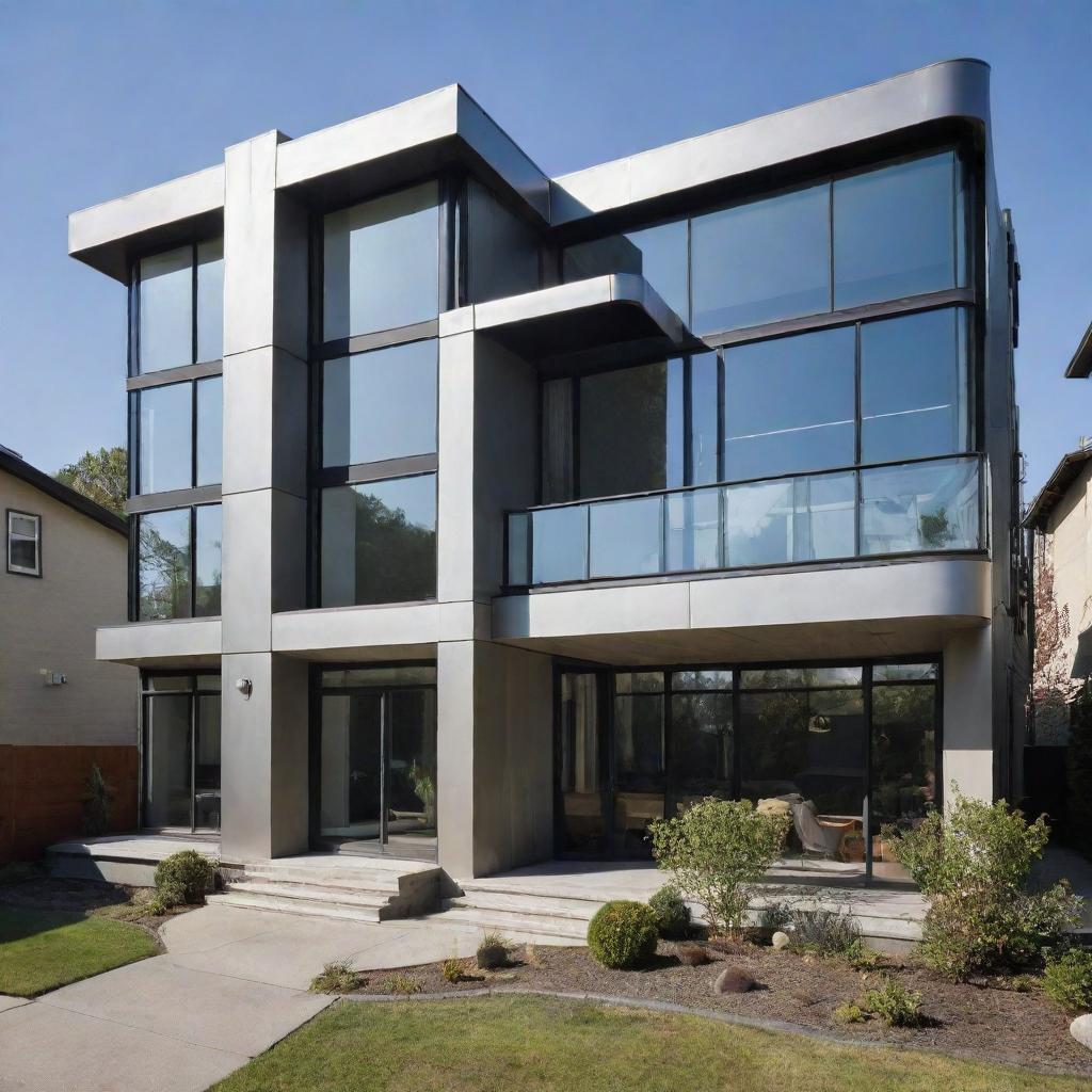 A modern house incorporating a dieselpunk theme. The design features retro-futuristic elements like polished steel fixtures, riveted iron details, and art deco inspired shapes, finely blending with modern architecture of clean lines and large glass windows.