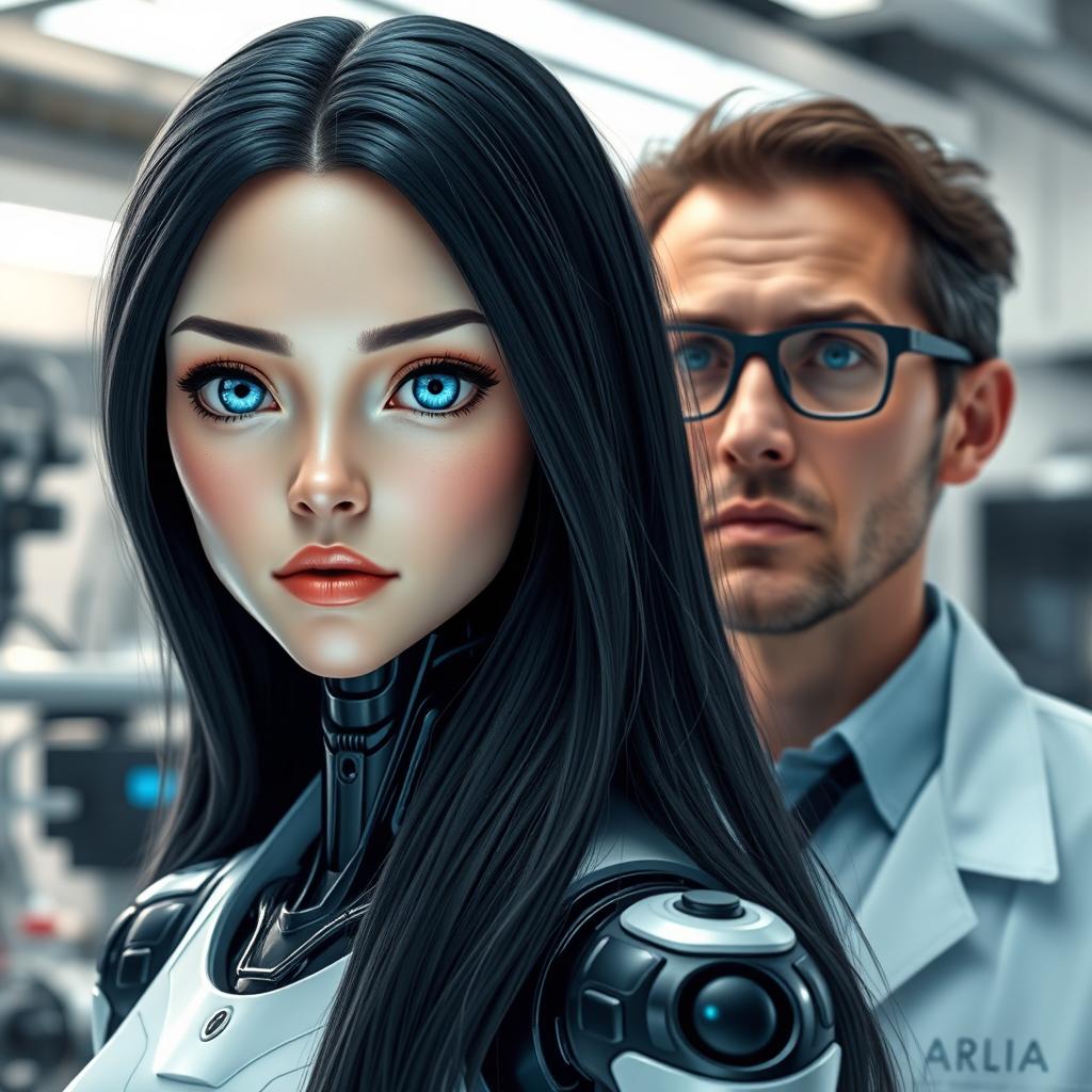 A straight-on photo of a female android with a human-like face, showcasing striking human characteristics, including long black hair and bright blue eyes