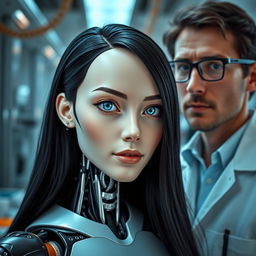 A straight-on photo of a female android with a human-like face, showcasing striking human characteristics, including long black hair and bright blue eyes