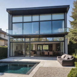 A modern house incorporating a dieselpunk theme. The design features retro-futuristic elements like polished steel fixtures, riveted iron details, and art deco inspired shapes, finely blending with modern architecture of clean lines and large glass windows.