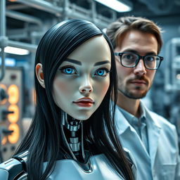 A straight-on photo of a female android with a human-like face, showcasing striking human characteristics, including long black hair and bright blue eyes