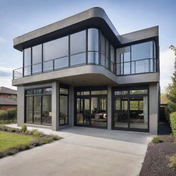 A modern house incorporating a dieselpunk theme. The design features retro-futuristic elements like polished steel fixtures, riveted iron details, and art deco inspired shapes, finely blending with modern architecture of clean lines and large glass windows.