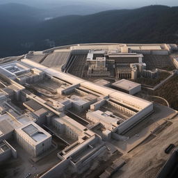 An aerial view of a state-of-the-art maximum-security penitentiary, featuring imposing walls, high-tech surveillance systems, and a complex layout.