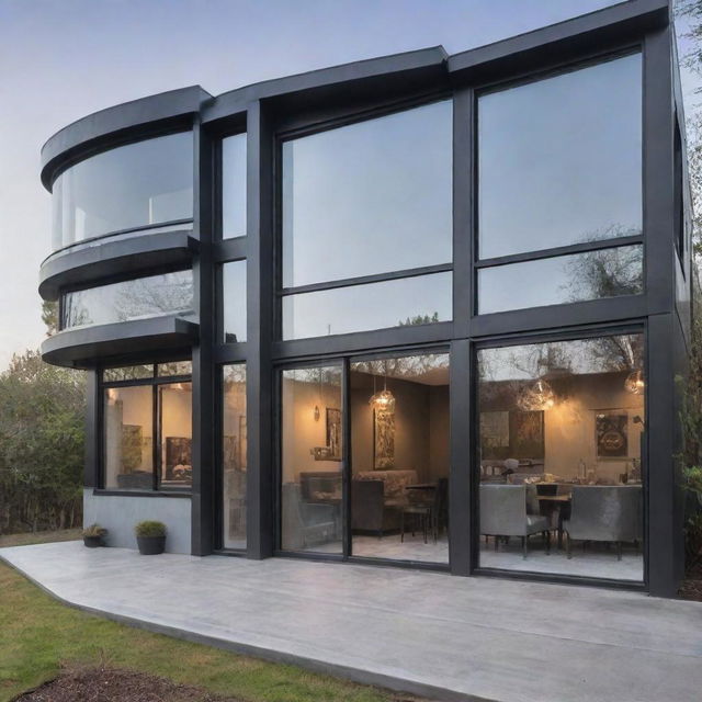 A modern house incorporating a dieselpunk theme. The design features retro-futuristic elements like polished steel fixtures, riveted iron details, and art deco inspired shapes, finely blending with modern architecture of clean lines and large glass windows.