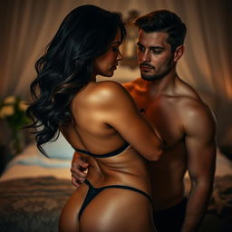 A passionate intimate scene featuring a man and a stunning woman in a beautiful, softly lit bedroom