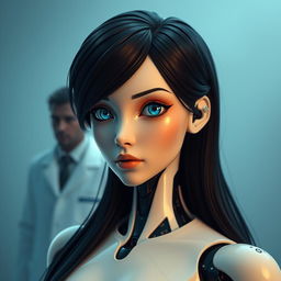 A striking image of a female android with a human-like face, featuring long black hair and vivid blue eyes, standing upright with confidence