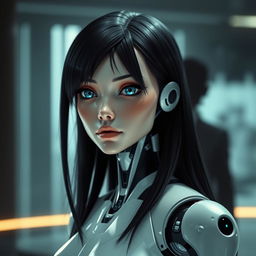 A striking image of a female android with a human-like face, featuring long black hair and vivid blue eyes, standing upright with confidence