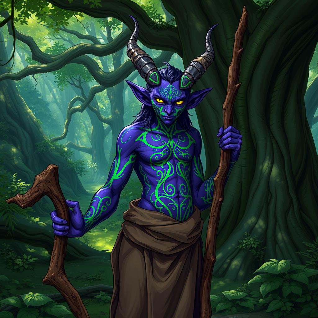 A druid Tiefling with striking purple skin adorned with vibrant green lines that create intricate patterns across their body