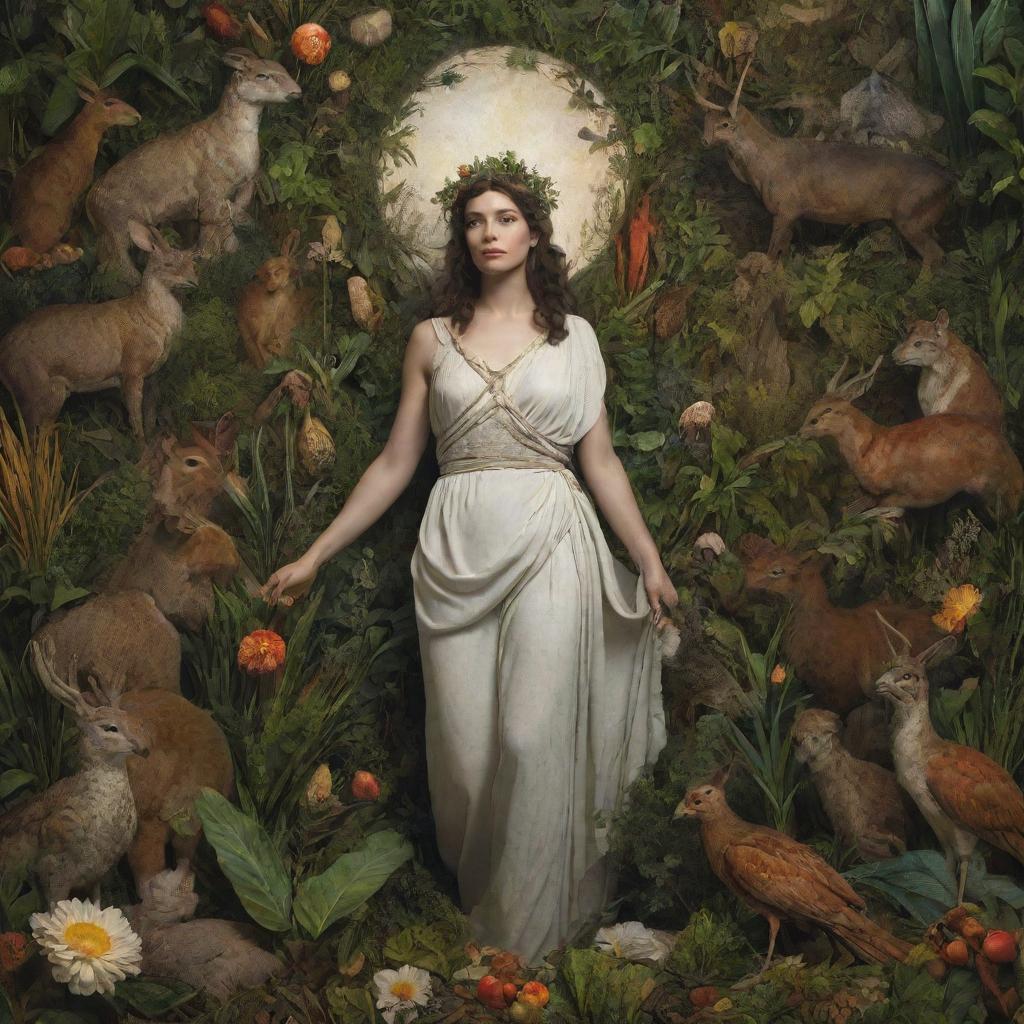 Artistic representation of the Roman goddess Ceres surrounded by diverse types of fauna