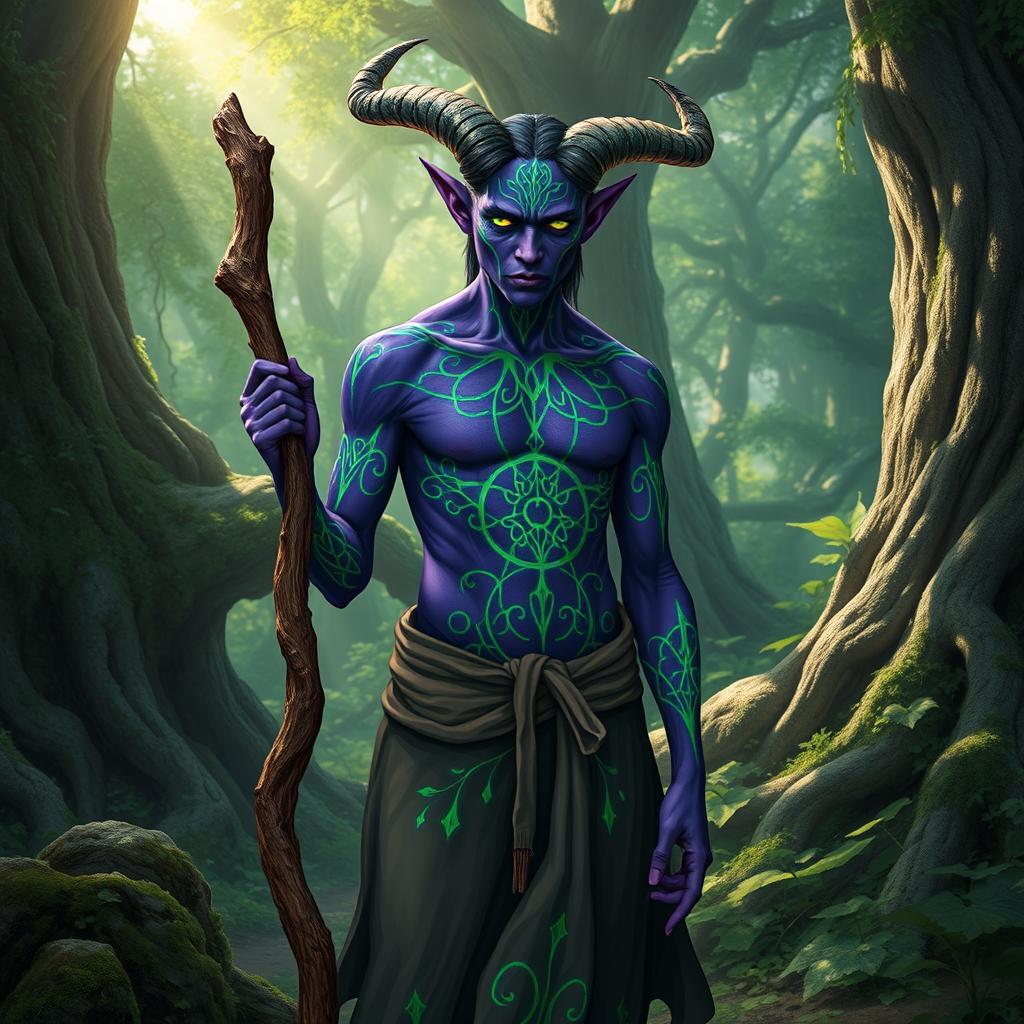 A druid Tiefling with striking purple skin adorned with vibrant green lines that create intricate patterns across their body