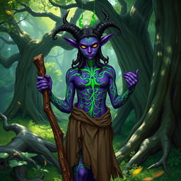 A druid Tiefling with striking purple skin adorned with vibrant green lines that create intricate patterns across their body