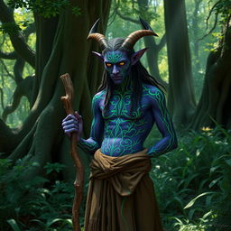 A druid Tiefling with striking purple skin adorned with vibrant green lines that create intricate patterns across their body