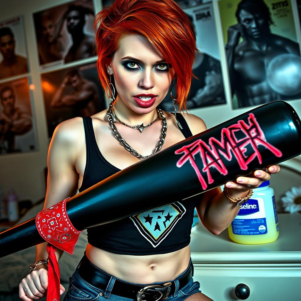 A close-up shot focusing on a sexy female redhead with a large chest, wearing a tank top adorned with punk chains