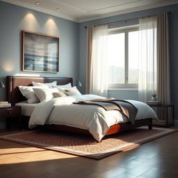 A beautifully decorated bedroom featuring a cozy queen-sized bed with plush white linens and a dark wooden headboard