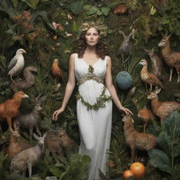 Artistic representation of the Roman goddess Ceres surrounded by diverse types of fauna