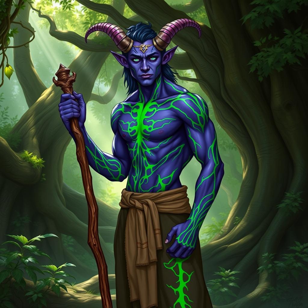 A handsome druid Tiefling with striking purple skin adorned with vibrant green lines that create intricate patterns across their muscular body