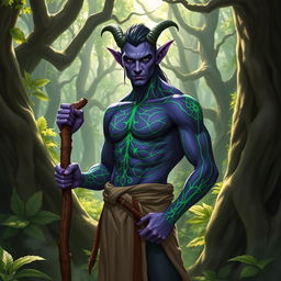 A handsome druid Tiefling with striking purple skin adorned with vibrant green lines that create intricate patterns across their muscular body