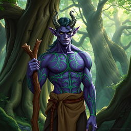 A handsome druid Tiefling with striking purple skin adorned with vibrant green lines that create intricate patterns across their muscular body