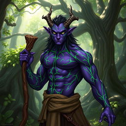 A handsome druid Tiefling with striking purple skin adorned with vibrant green lines that create intricate patterns across their muscular body