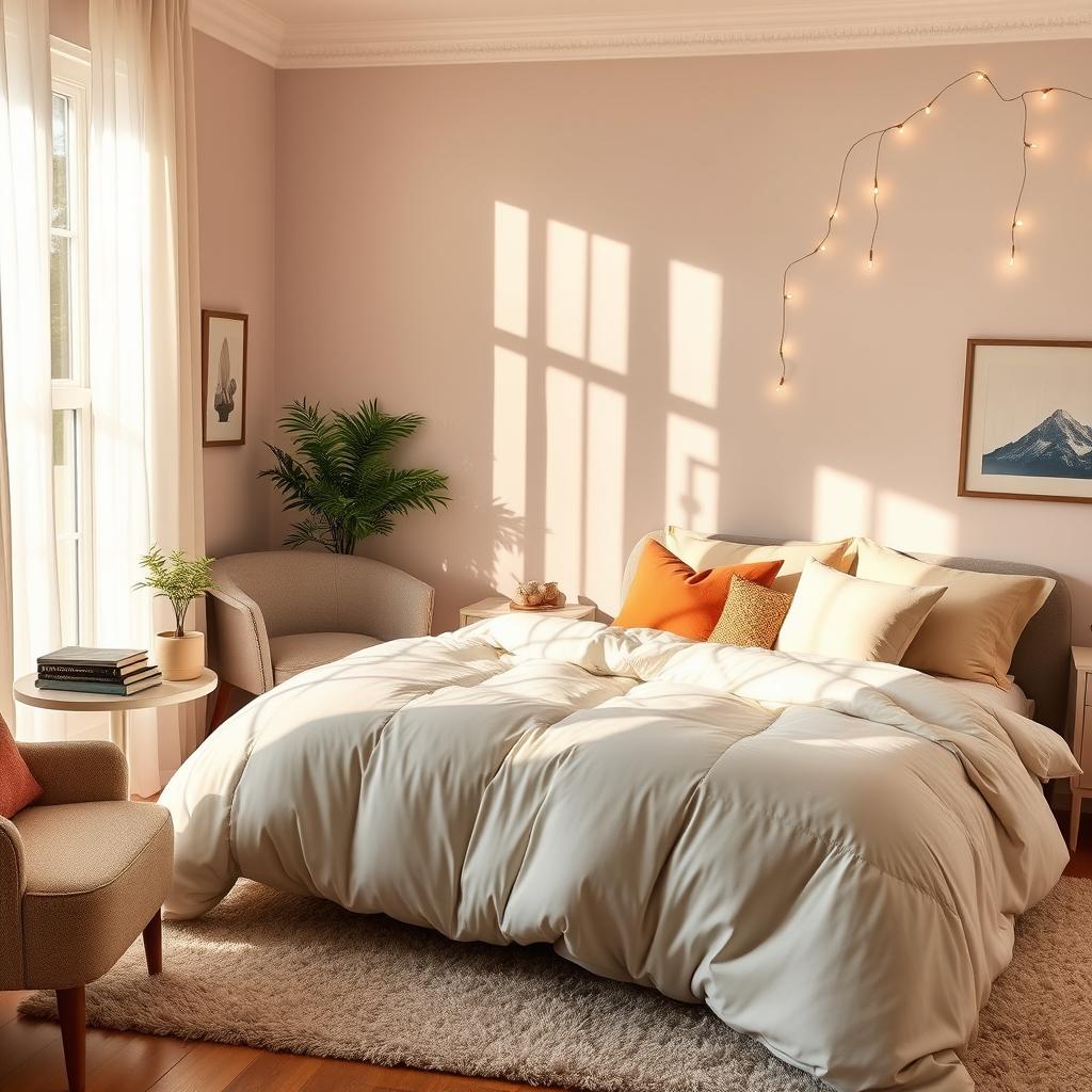 A cozy and inviting bedroom scene featuring a large, plush bed with a luxurious duvet and an array of colorful pillows