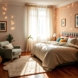 A cozy and inviting bedroom scene featuring a large, plush bed with a luxurious duvet and an array of colorful pillows