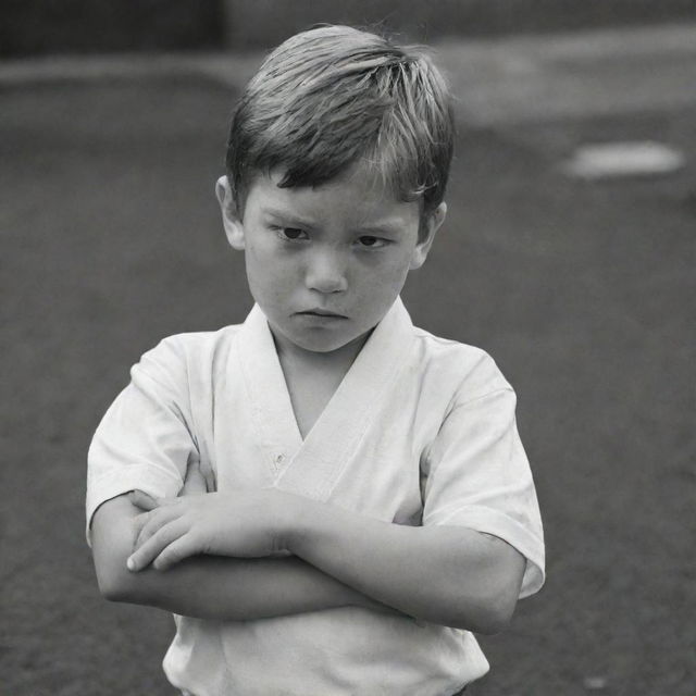 A young boy looking downwards, his arms crossed over his chest, each hand tightly clutching an arnis stick.