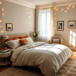 A cozy and inviting bedroom scene featuring a large, plush bed with a luxurious duvet and an array of colorful pillows