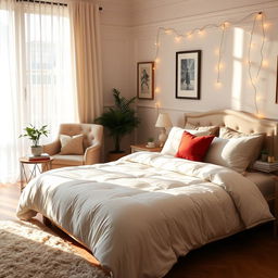 A cozy and inviting bedroom scene featuring a large, plush bed with a luxurious duvet and an array of colorful pillows