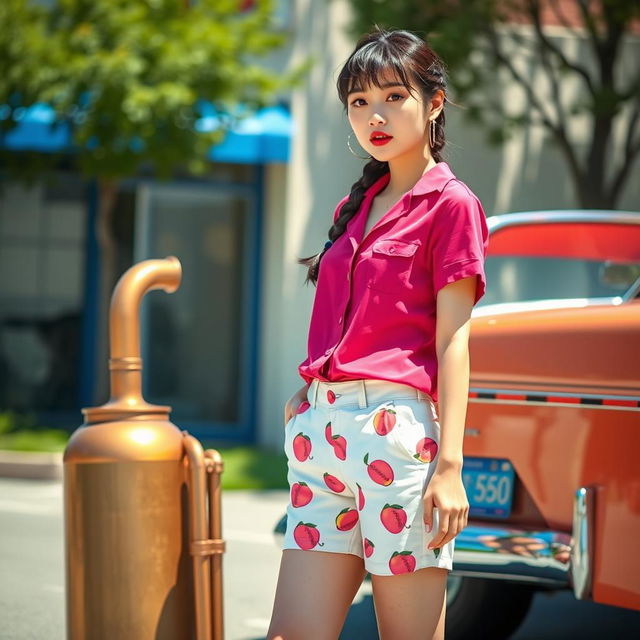 A tall Korean girl with a stylish French braid on the side, thick hoop earrings, dressed in white shorts adorned with playful peach designs, paired with a vibrant dark pink shirt