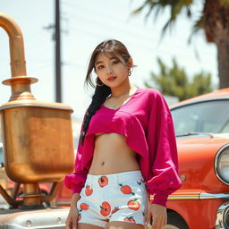 A tall Korean girl with a stylish French braid on the side, thick hoop earrings, dressed in white shorts adorned with playful peach designs, paired with a vibrant dark pink shirt