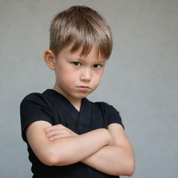 A young boy looking downwards, his arms crossed over his chest, each hand tightly clutching an arnis stick.