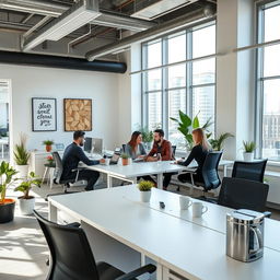 A modern office workspace featuring sleek, minimalistic design elements with large windows allowing natural light to flood the space