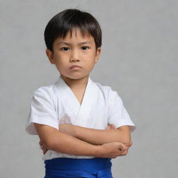 A young boy looking downwards, his arms crossed over his chest, each hand tightly clutching an arnis stick.