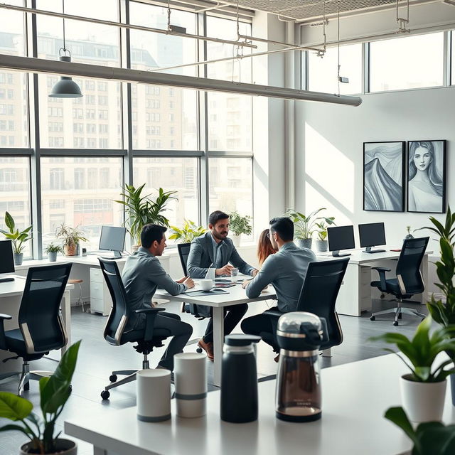 A modern office workspace featuring sleek, minimalistic design elements with large windows allowing natural light to flood the space