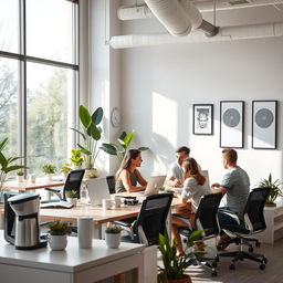 A modern office workspace featuring sleek, minimalistic design elements with large windows allowing natural light to flood the space