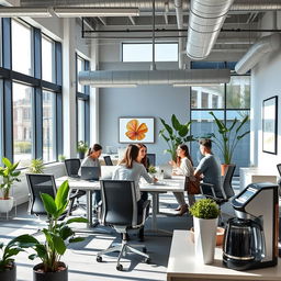 A modern office workspace featuring sleek, minimalistic design elements with large windows allowing natural light to flood the space