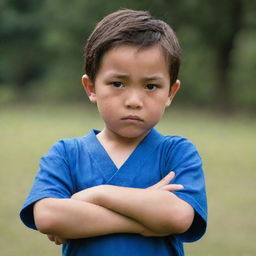 A young boy looking downwards, his arms crossed over his chest, each hand tightly clutching an arnis stick.