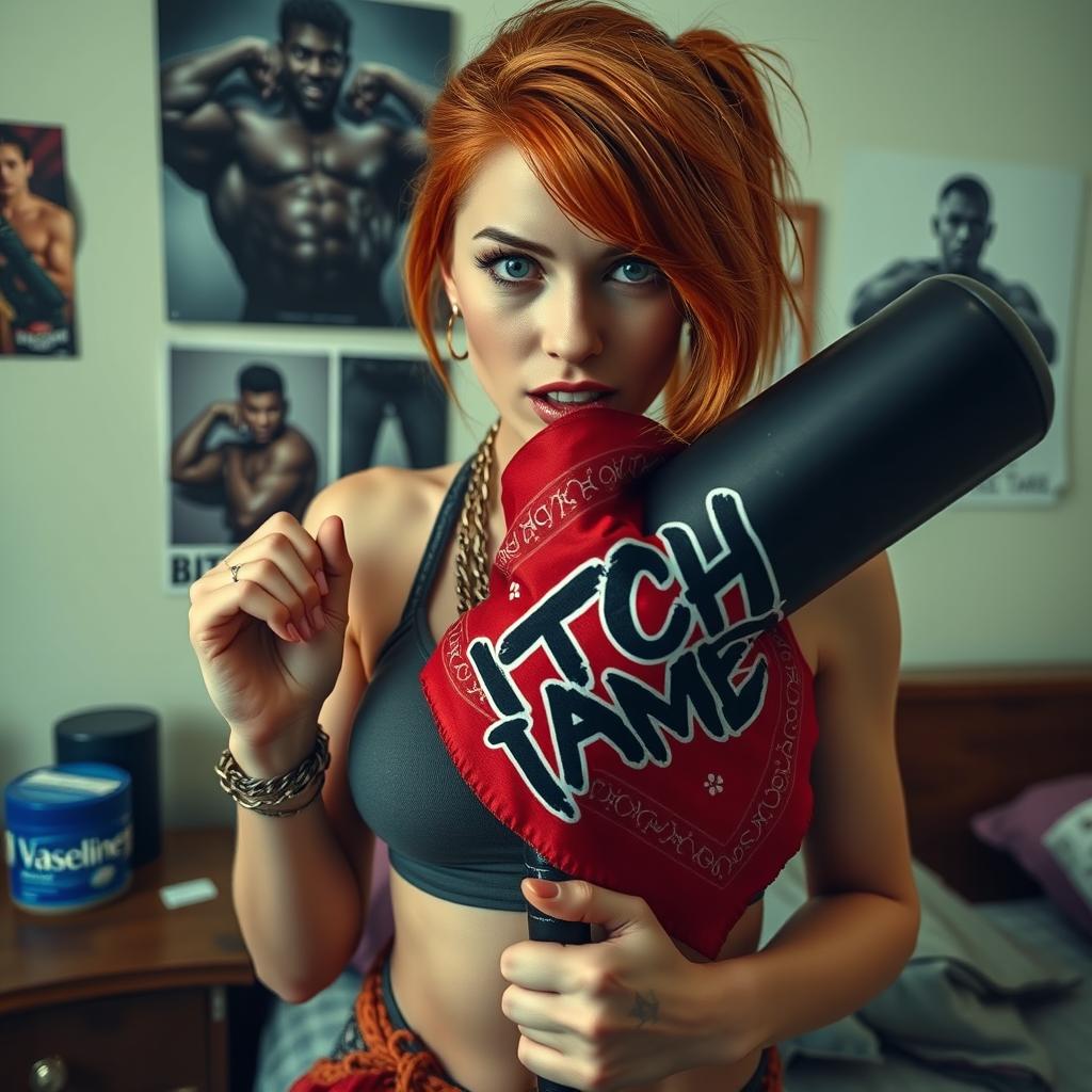 A close-up shot featuring a sexy redhead female with a large chest, wearing a tank top adorned with punk-style chains