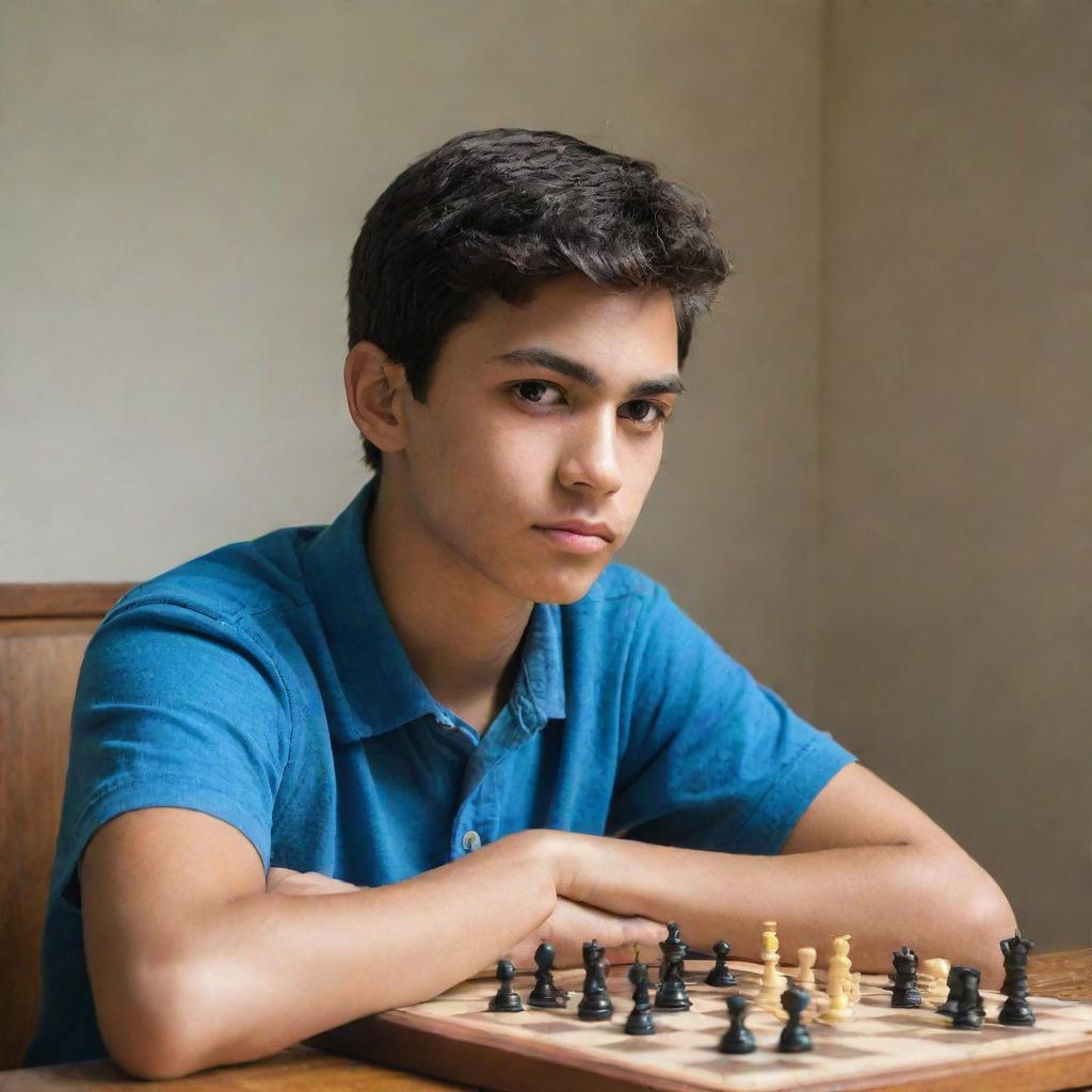 A Latin male teenager with his arms crossed, intensely studying a chess board below him. In one hand, he's casually holding an arnis stick.