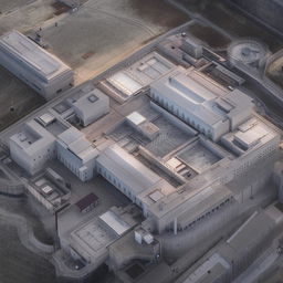 An aerial view of a state-of-the-art maximum-security penitentiary, featuring imposing walls, high-tech surveillance systems, and a complex layout.