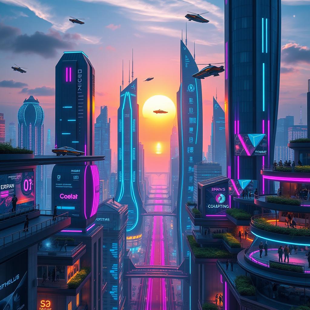 A beautifully designed futuristic cityscape during twilight, with towering skyscrapers illuminated by vibrant neon lights in various colors of blue, pink, and purple