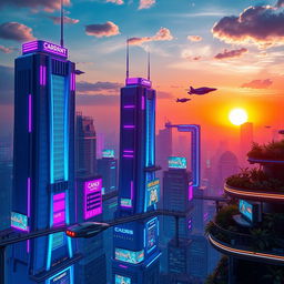 A beautifully designed futuristic cityscape during twilight, with towering skyscrapers illuminated by vibrant neon lights in various colors of blue, pink, and purple