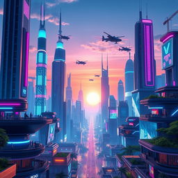 A beautifully designed futuristic cityscape during twilight, with towering skyscrapers illuminated by vibrant neon lights in various colors of blue, pink, and purple