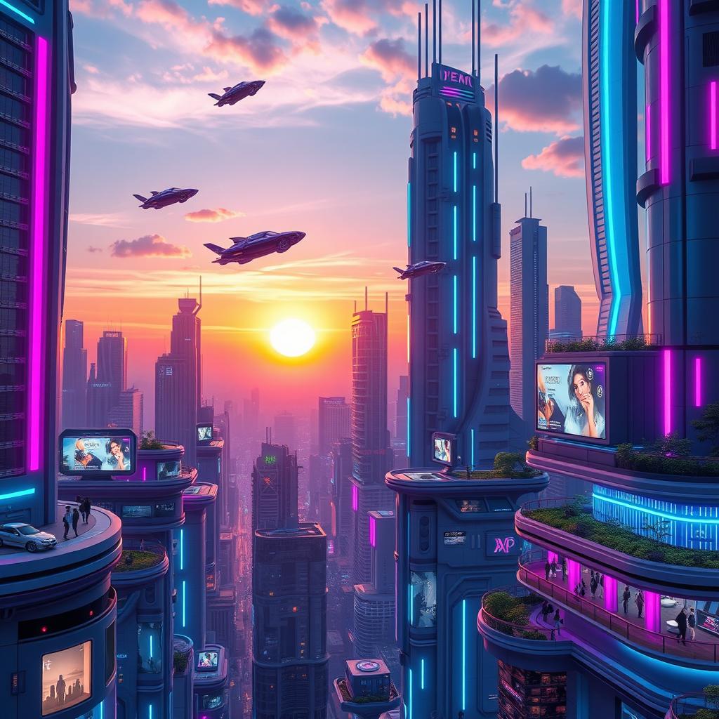 A beautifully designed futuristic cityscape during twilight, with towering skyscrapers illuminated by vibrant neon lights in various colors of blue, pink, and purple